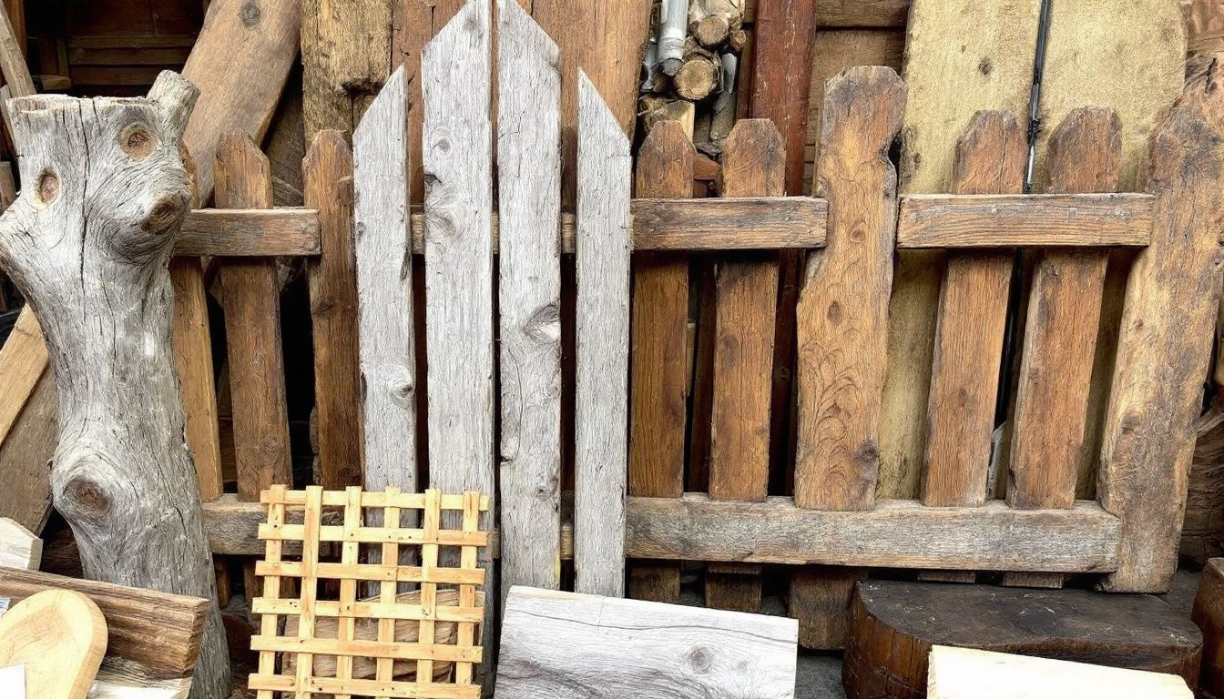 A selection of different types of wood fence materials displayed together.