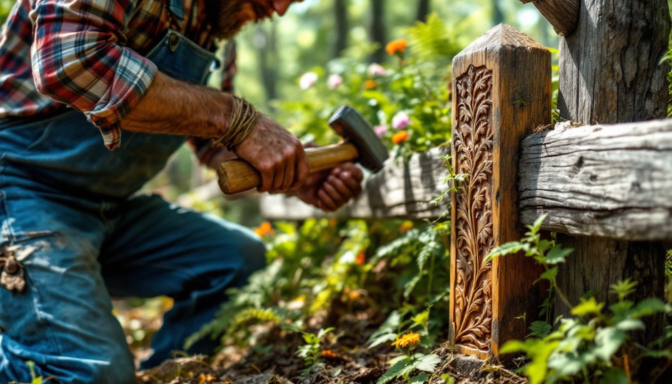 A person performing maintenance on a wooden fence.