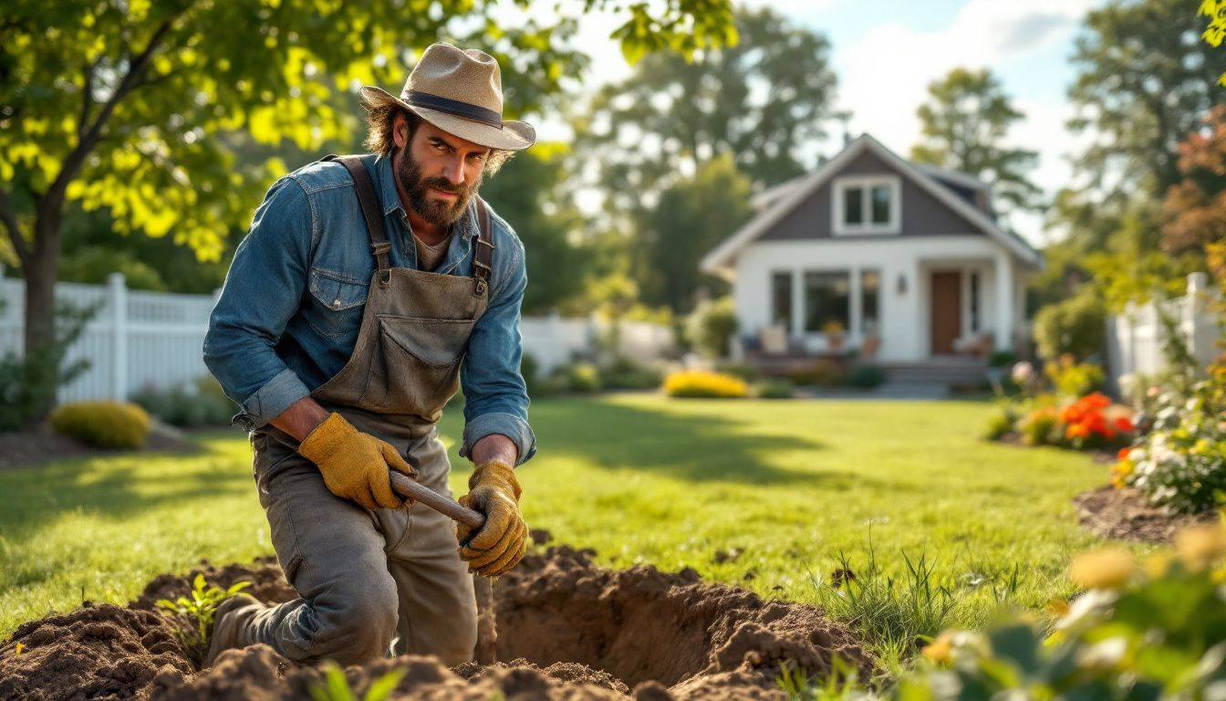 Digging post holes for a new fence installation.