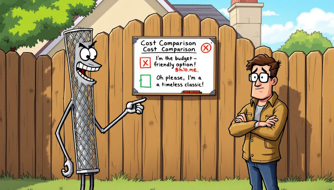 A comparison of chainlink fence and wood fence highlighting cost differences.