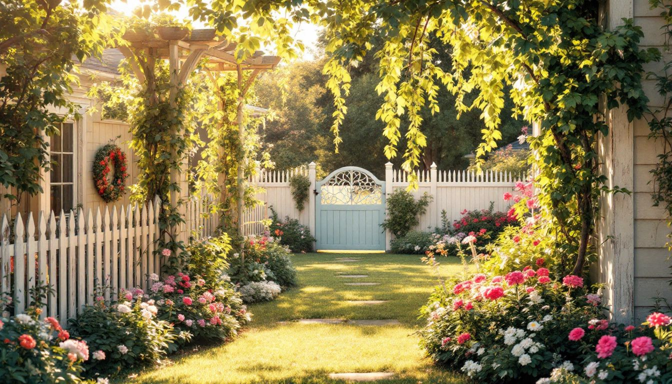 An overview of various fencing options, including ornamental and vinyl fences, in a landscaped yard.