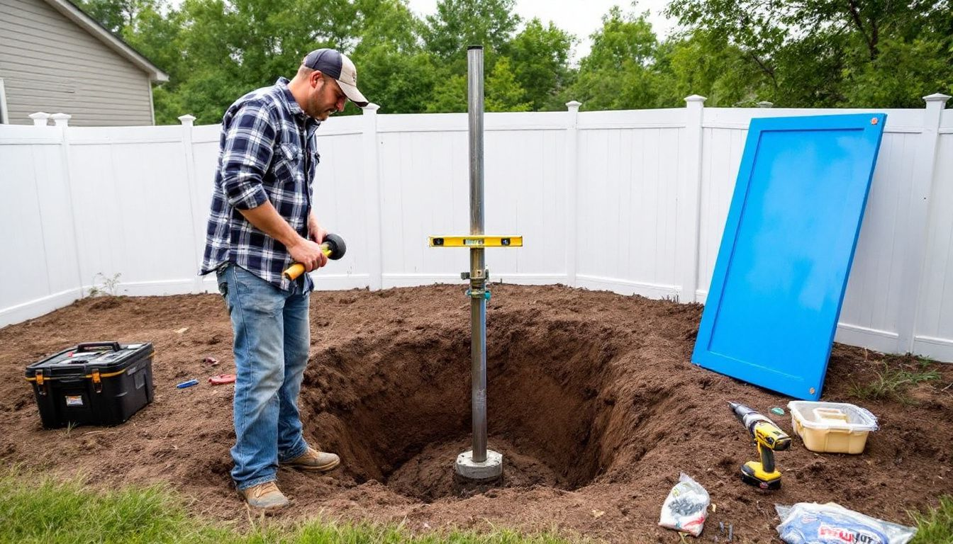 Digging post holes for a vinyl fence.