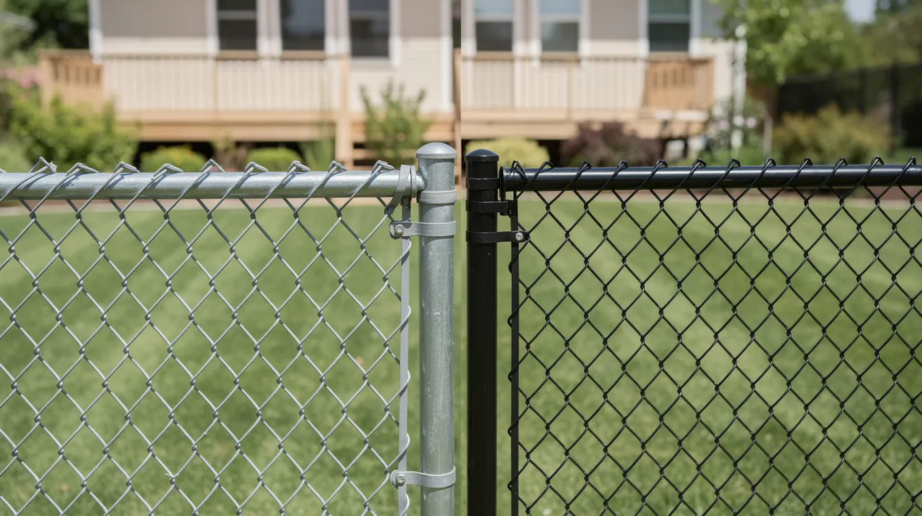 The image shows a side-by-side comparison of a standard silver galvanized chain link fence and a black vinyl-coated chain link fence, both installed in a residential yard. The galvanized steel fence features a shiny metallic finish, while the black vinyl-coated option offers a sleek, color-coated appearance, showcasing two common choices for residential chain link fencing.