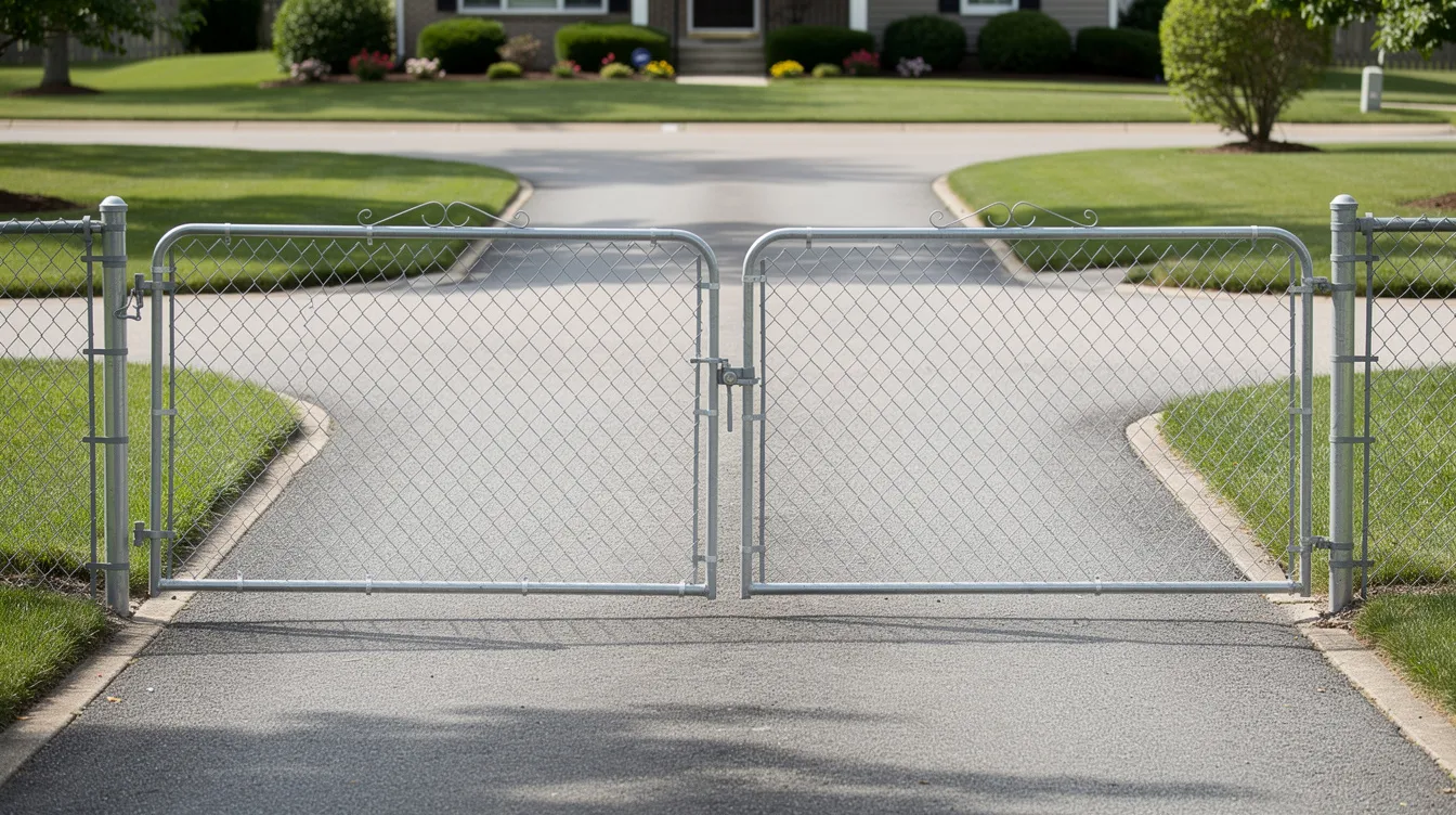 The image shows a residential double-swing chain link drive gate, made of galvanized steel, opening onto a paved driveway, flanked by lush green grass on both sides. This secure chain link fencing provides access to the property while enhancing the surrounding landscape.