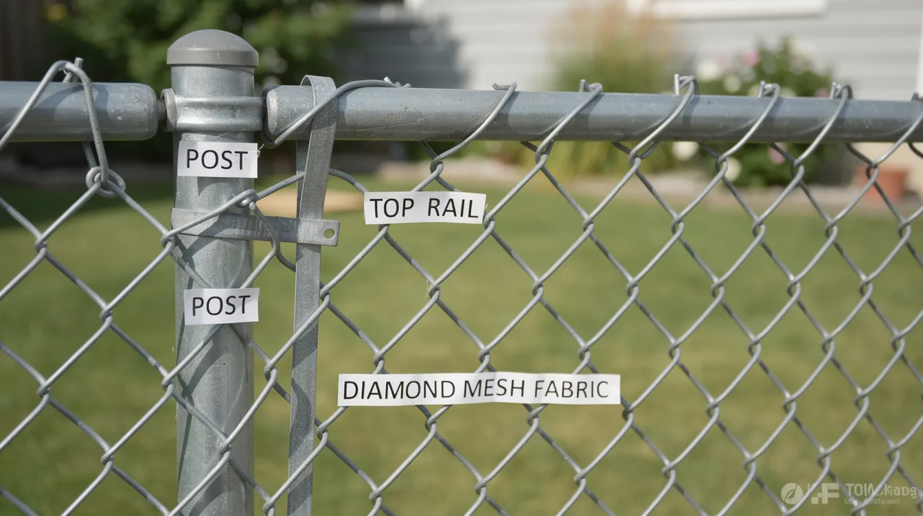 A close-up photograph showcases a residential chain link fence featuring labeled components such as steel posts, a top rail, and diamond mesh fabric, set in a suburban backyard. The image highlights the galvanized steel construction and the secure design of the chain link, making it a popular choice for homeowners seeking both functionality and cost effectiveness.