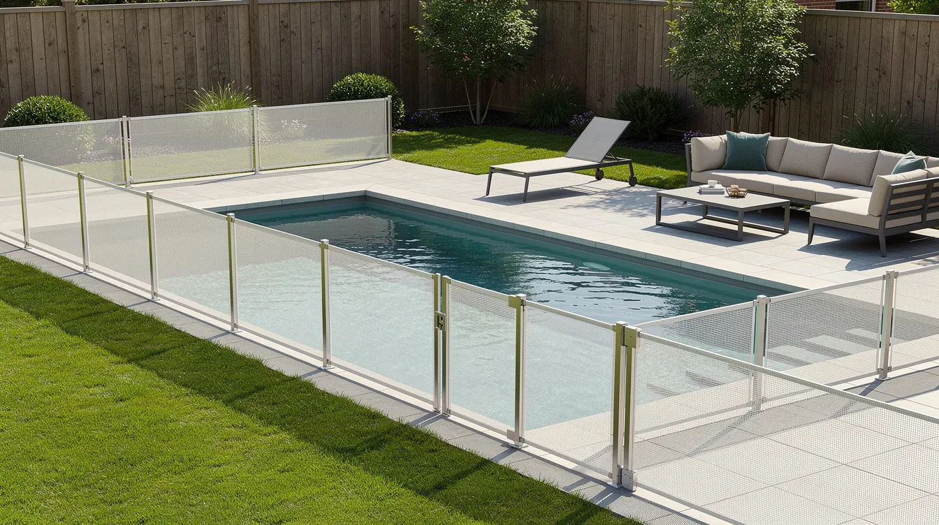 The image depicts a clean backyard featuring a modern swimming pool surrounded by a transparent mesh pool fence, ensuring pool safety for children and pets. The area is adorned with lush green grass and stylish patio furniture, creating an inviting outdoor space for family gatherings.