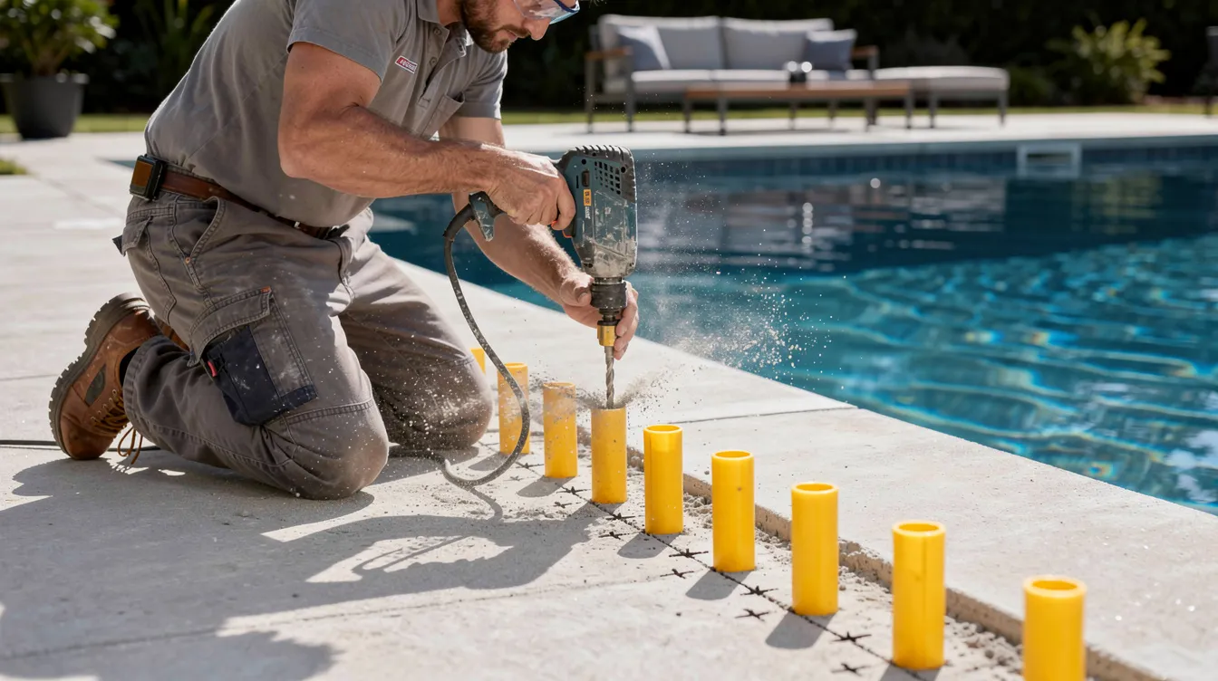 A professional installer is drilling fence post sleeves into a concrete pool deck under the bright sun, ensuring a secure installation of a pool safety fence. This reliable protection system is designed to keep children and pets safe in the pool area, highlighting the importance of proper pool safety solutions.