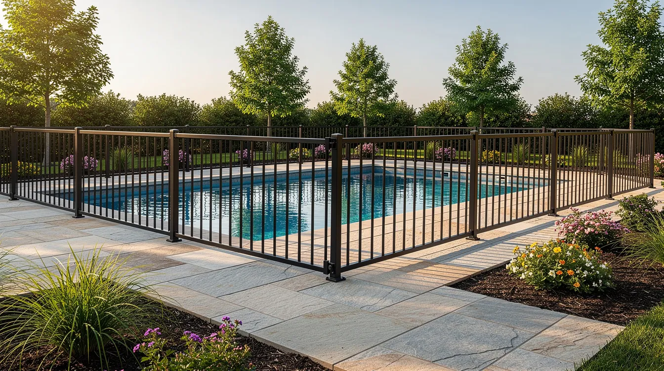 The image shows black powder-coated aluminum fence panels installed around a blue swimming pool, providing a stylish and reliable barrier for pool safety. The surrounding area features a stone deck and lush landscaping, creating an inviting and secure pool area for families and pets.